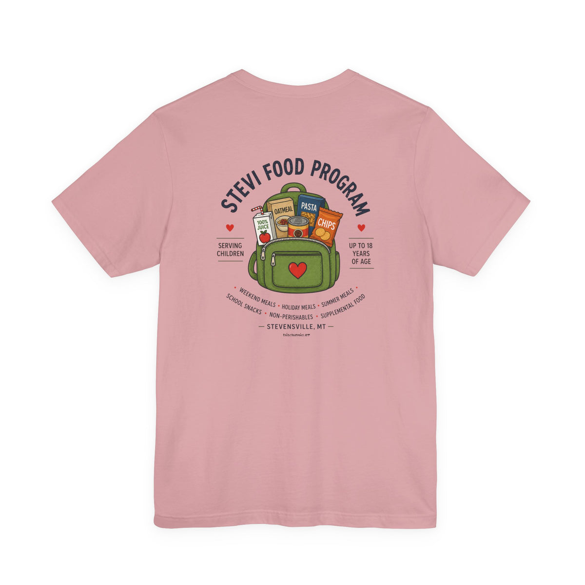 Stevi Food Program, backpack filled with love and food, image on the back, Unisex Jersey Short Sleeve Tee