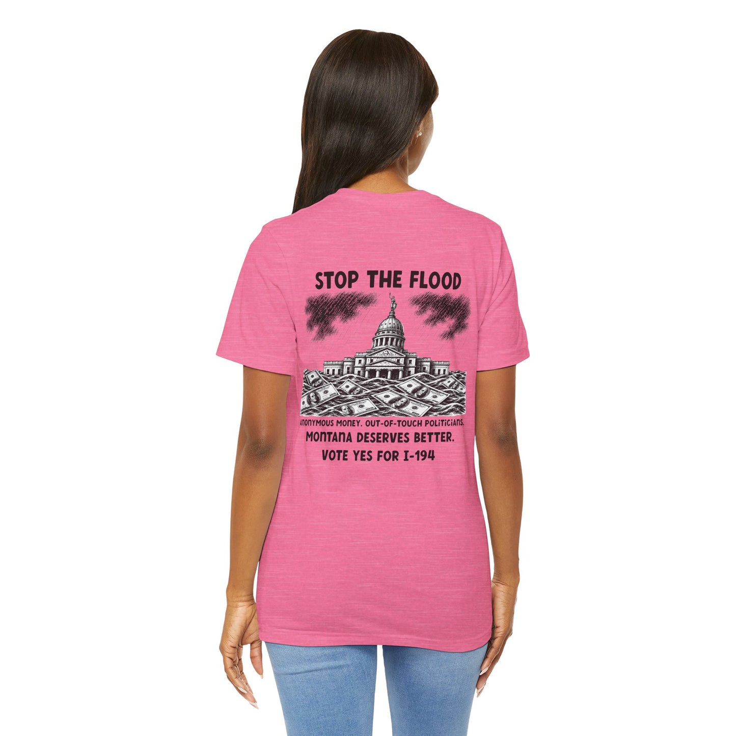 The Montana Plan, Stop the Flood, image on the back, Unisex Jersey Short Sleeve Tee