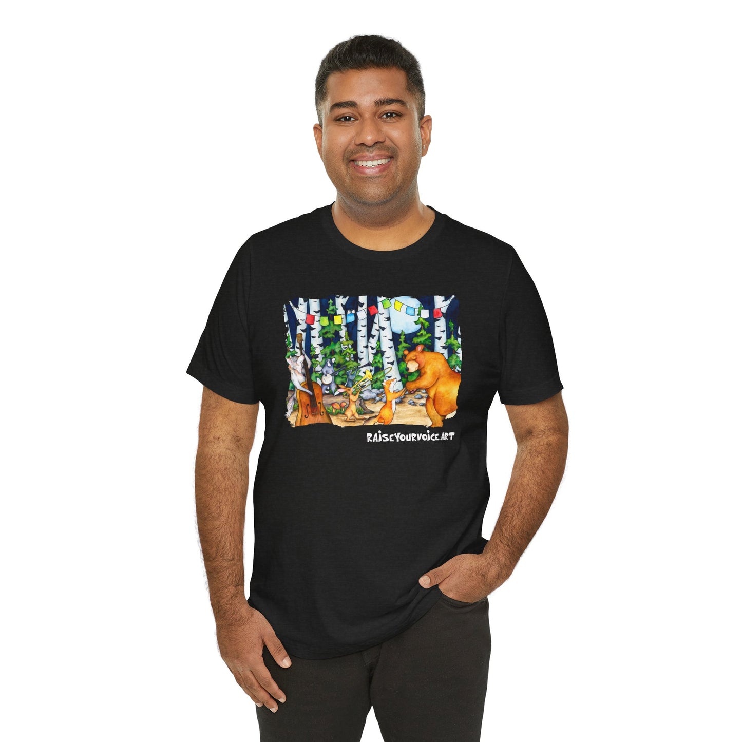 Celebrate Nature  Unisex Jersey Tee with Bear and Forest Design - Perfect for Outdoor Lovers