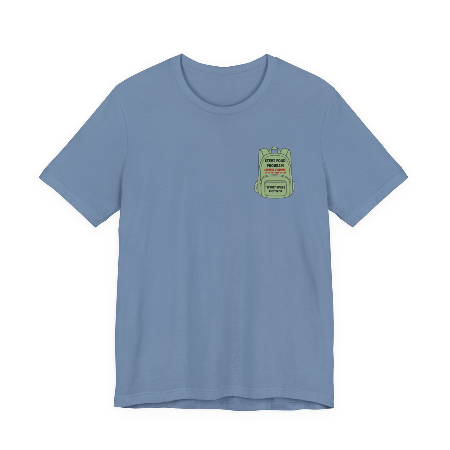 Stevi Food Program, backpack filled with love and food, image on the back, Unisex Jersey Short Sleeve Tee