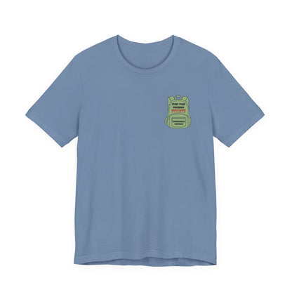 Stevi Food Program, backpack filled with love and food, image on the back, Unisex Jersey Short Sleeve Tee