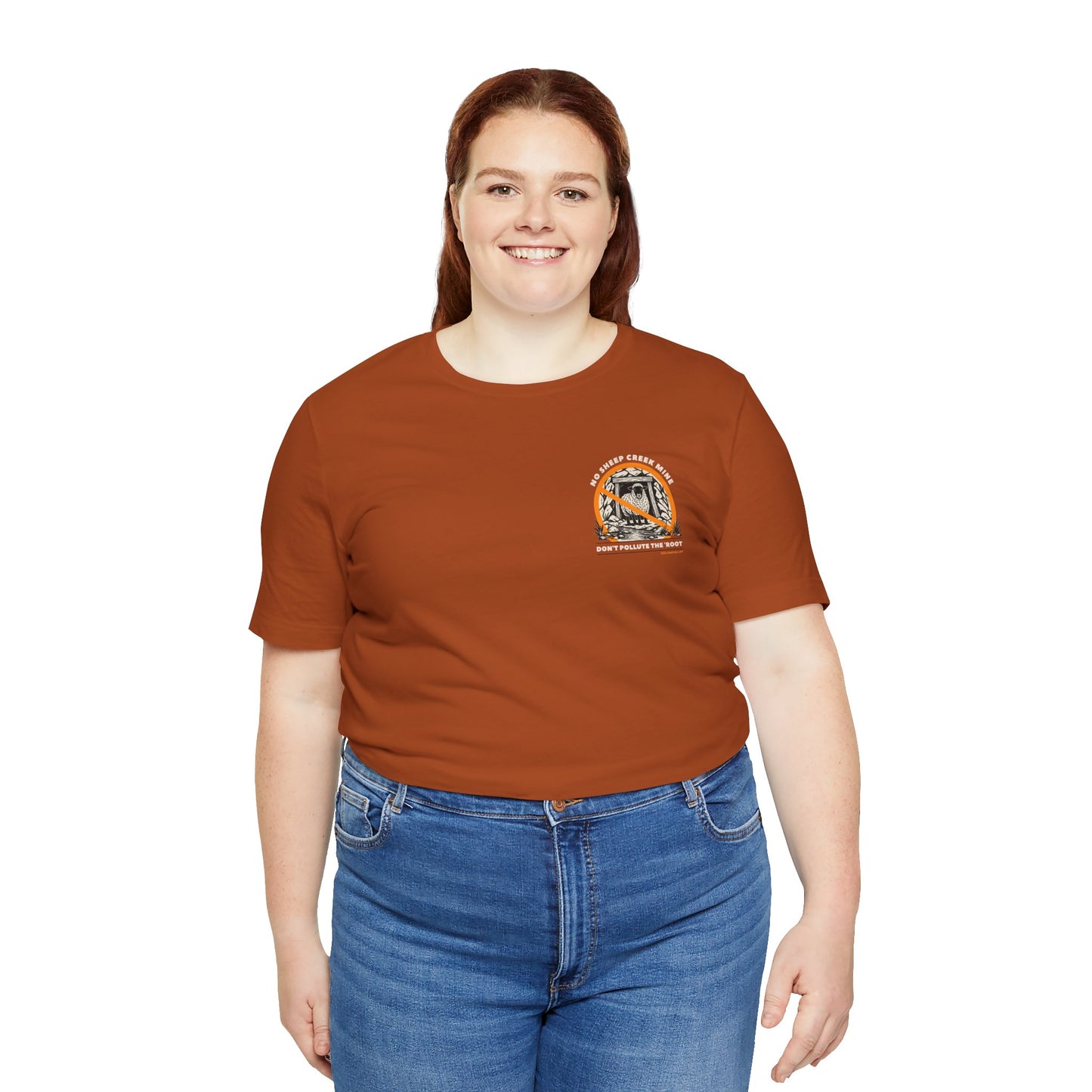 No Sheep Creek Mine, Don’t Pollute the Root, image on the back, Unisex Jersey Short Sleeve Tee