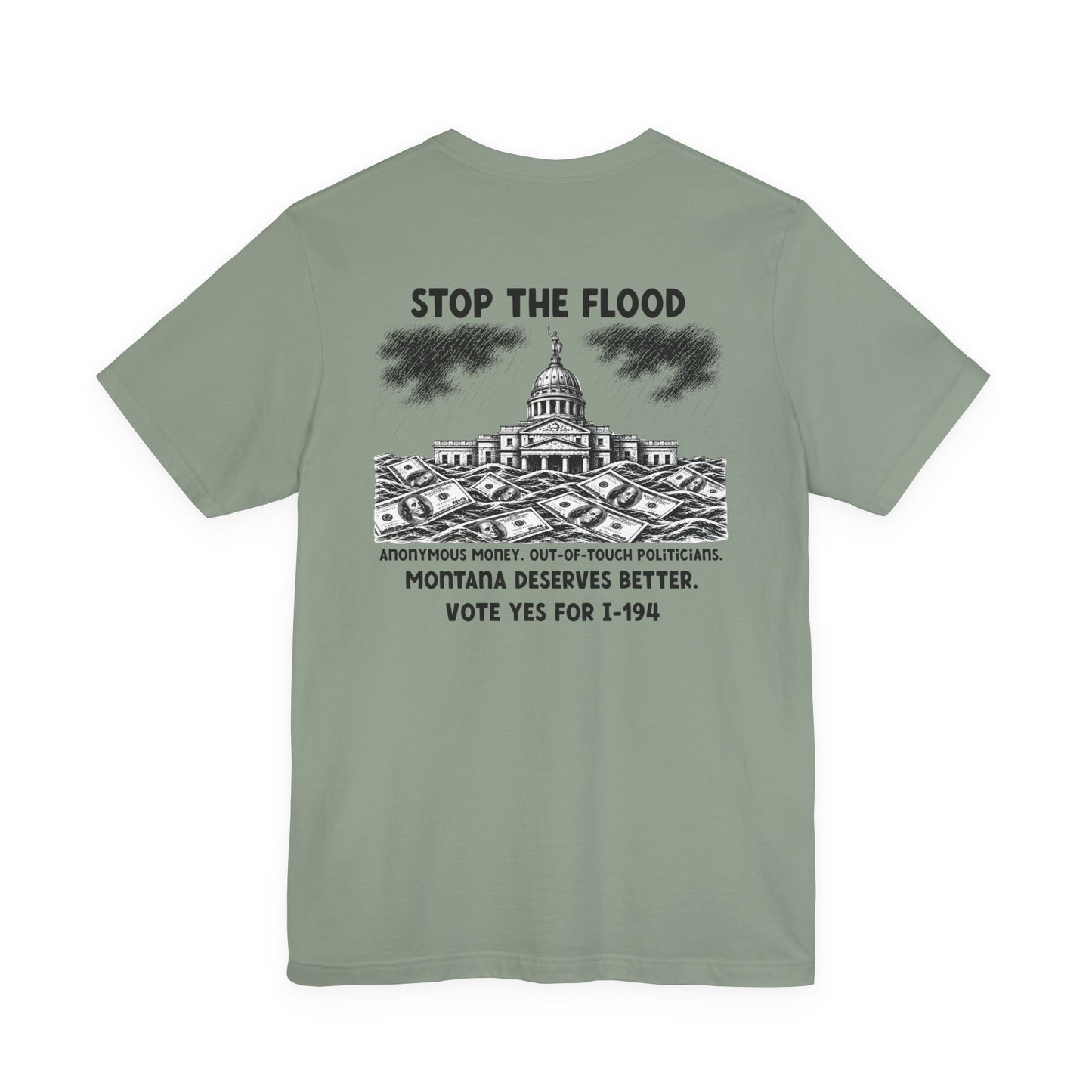 The Montana Plan, Stop the Flood, image on the back, Unisex Jersey Short Sleeve Tee