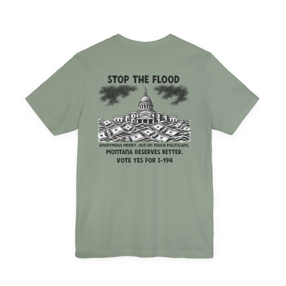The Montana Plan, Stop the Flood, image on the back, Unisex Jersey Short Sleeve Tee