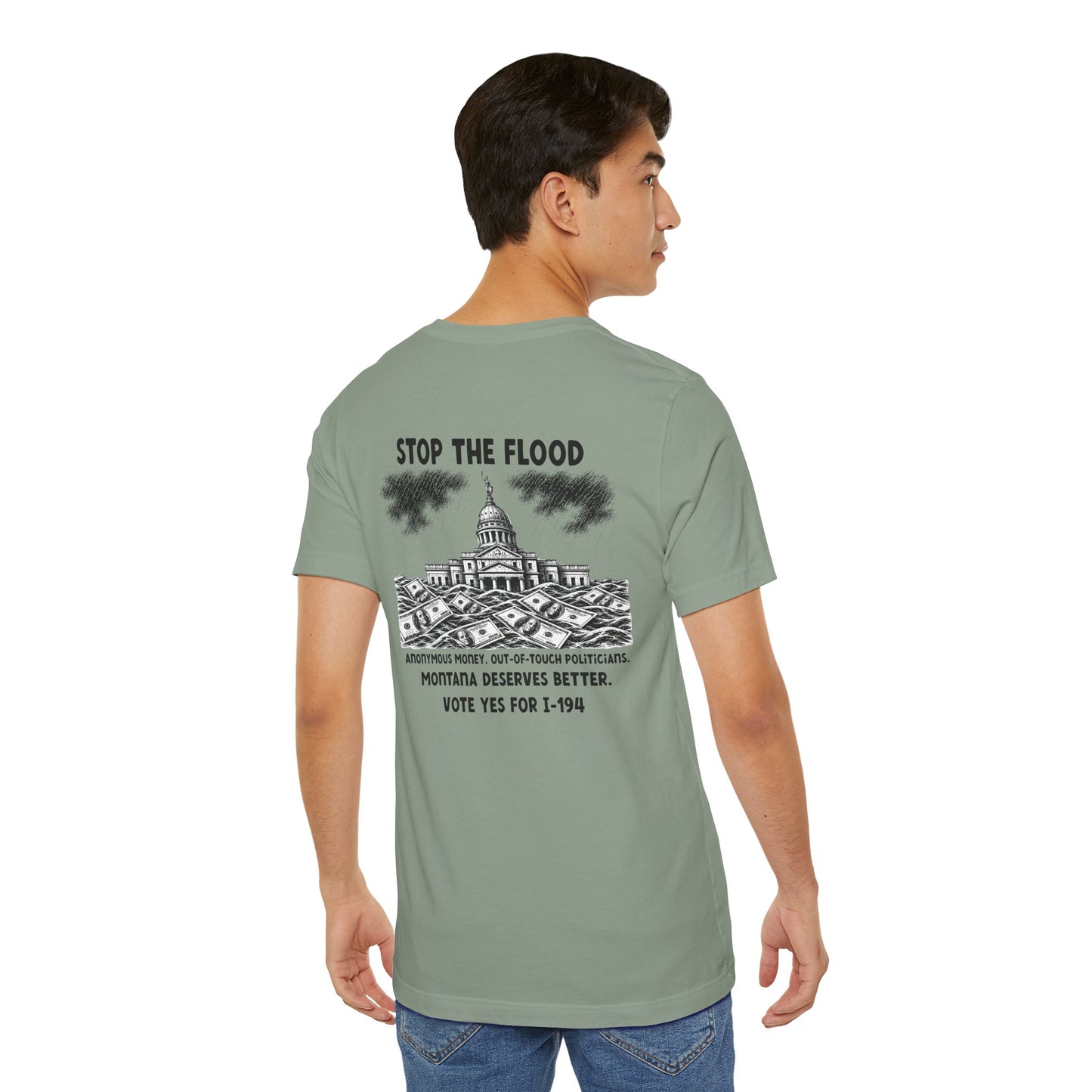 The Montana Plan, Stop the Flood, image on the back, Unisex Jersey Short Sleeve Tee