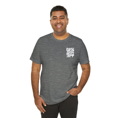 The Montana Plan, Real People, Who Do They Work For? image on the back, Unisex Jersey Short Sleeve Tee