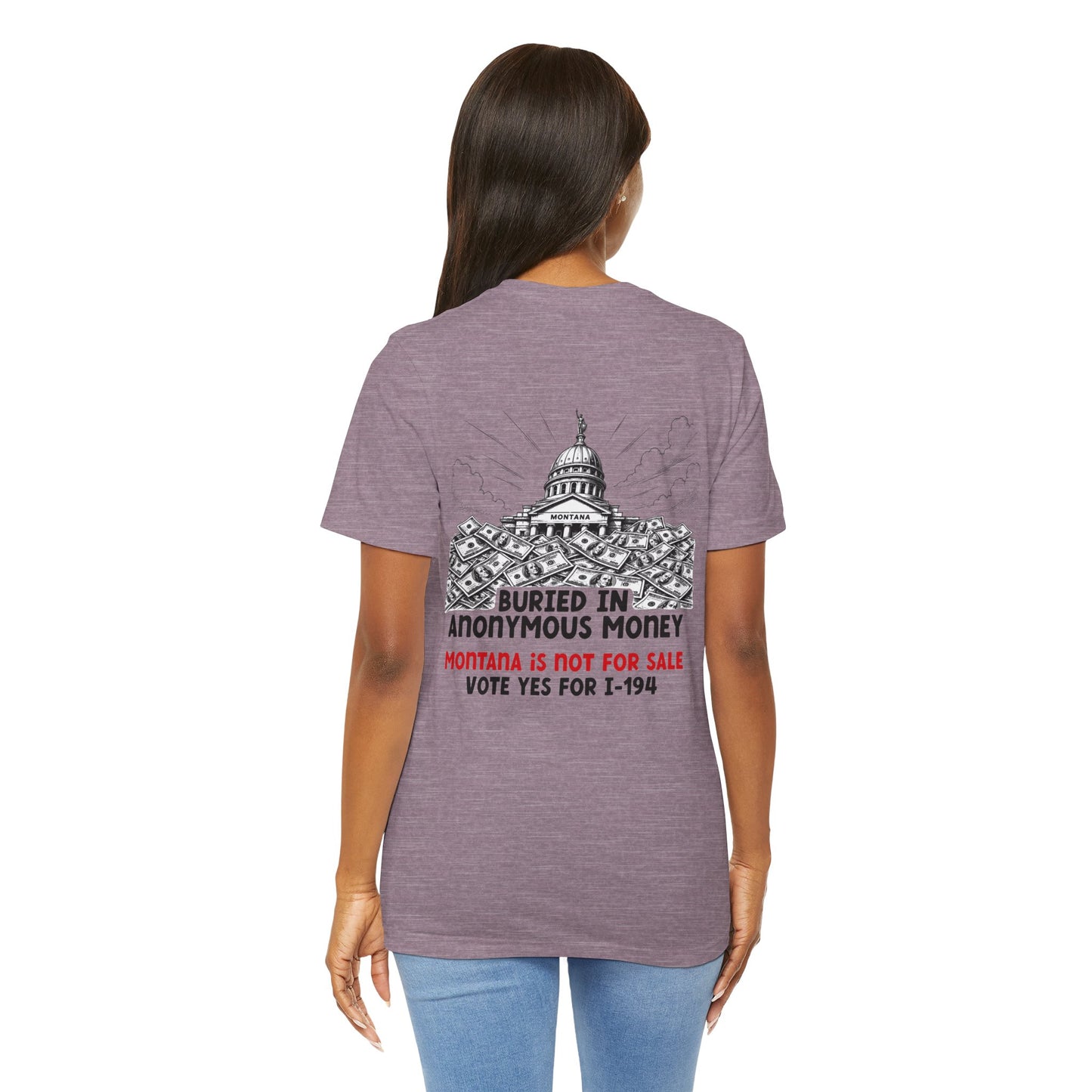 The Montana Plan, Buried in Anonymous Money, image on the back, Unisex Jersey Short Sleeve Tee
