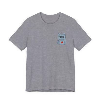 Stevi Food Program, backpack filled with love and food, image on the back, Unisex Jersey Short Sleeve Tee