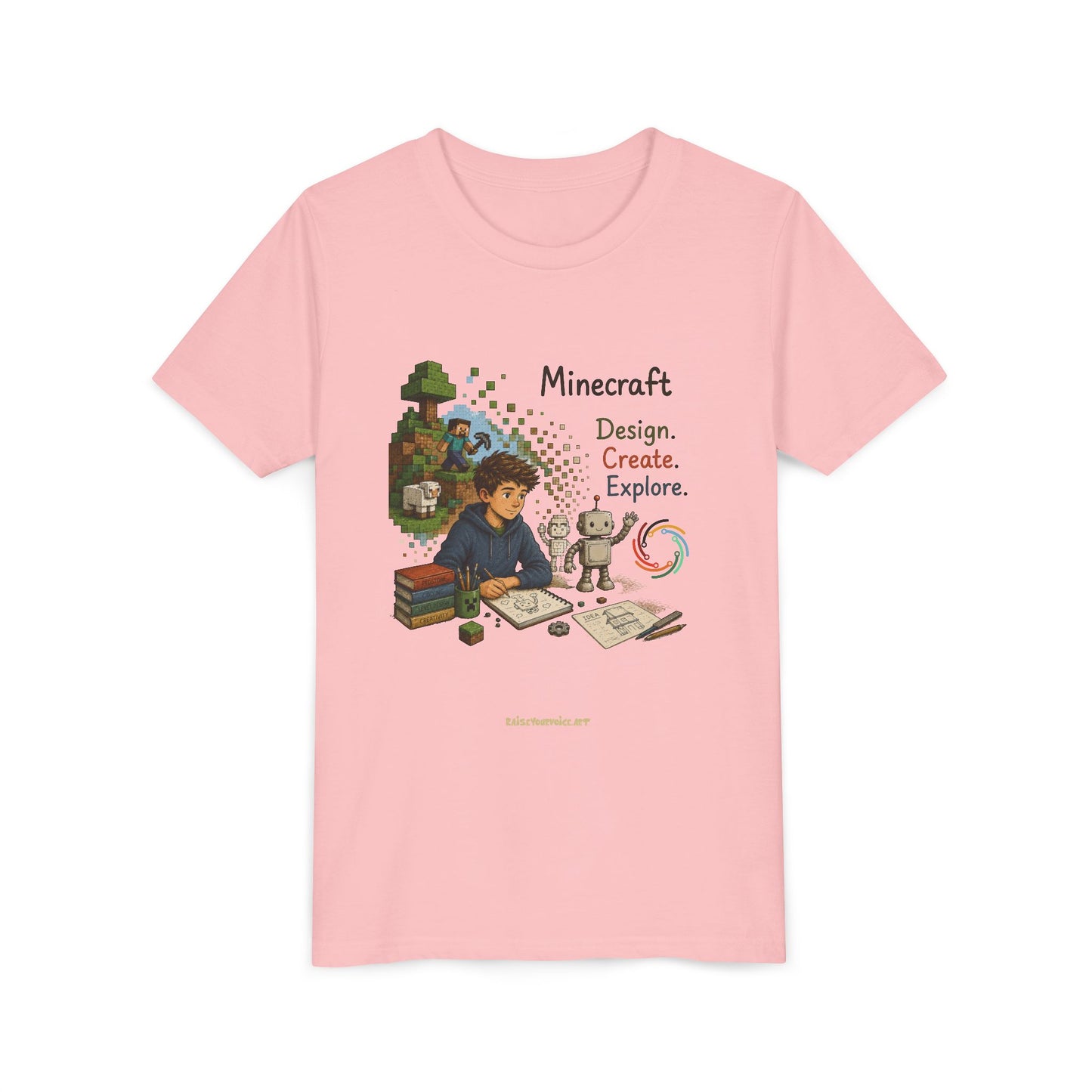 Coding For Kids Minecraft Design Create Explore  – Youth Short Sleeve Tee