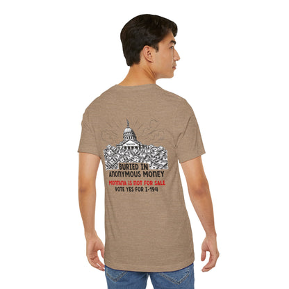 The Montana Plan, Buried in Anonymous Money, image on the back, Unisex Jersey Short Sleeve Tee