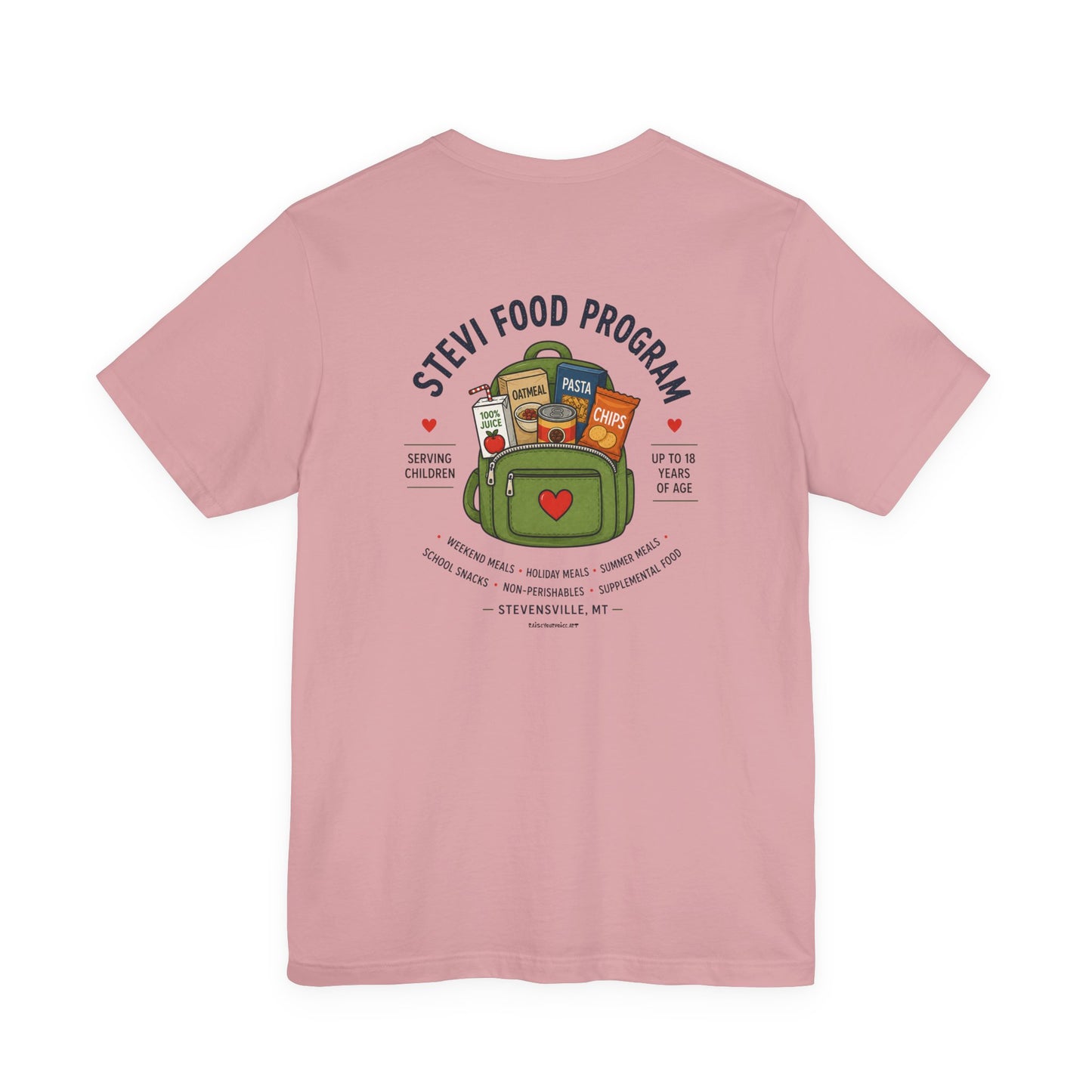 Stevi Food Program, backpack filled with love and food, image on the back, Unisex Jersey Short Sleeve Tee