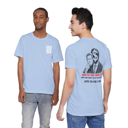 The Montana Plan, Who Do They Work For?, image on the back, Unisex Jersey Short Sleeve Tee