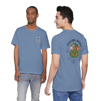 Stevi Food Program, backpack filled with love and food, image on the back, Unisex Jersey Short Sleeve Tee