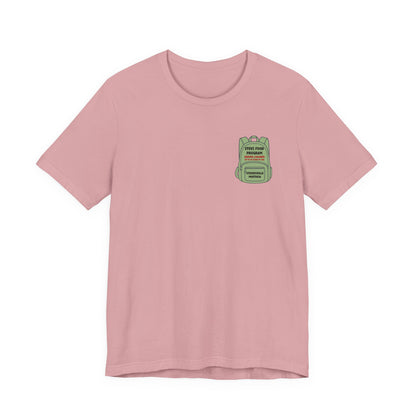 Stevi Food Program, backpack filled with love and food, image on the back, Unisex Jersey Short Sleeve Tee