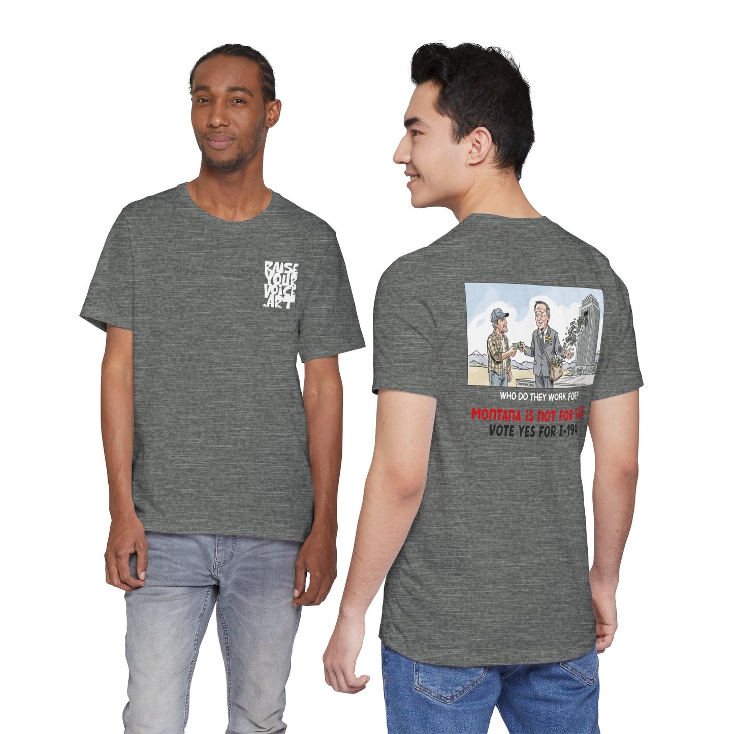 The Montana Plan, Real People, Who Do They Work For? image on the back, Unisex Jersey Short Sleeve Tee