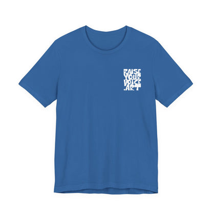 The Montana Plan, Real People, Who Do They Work For? image on the back, Unisex Jersey Short Sleeve Tee