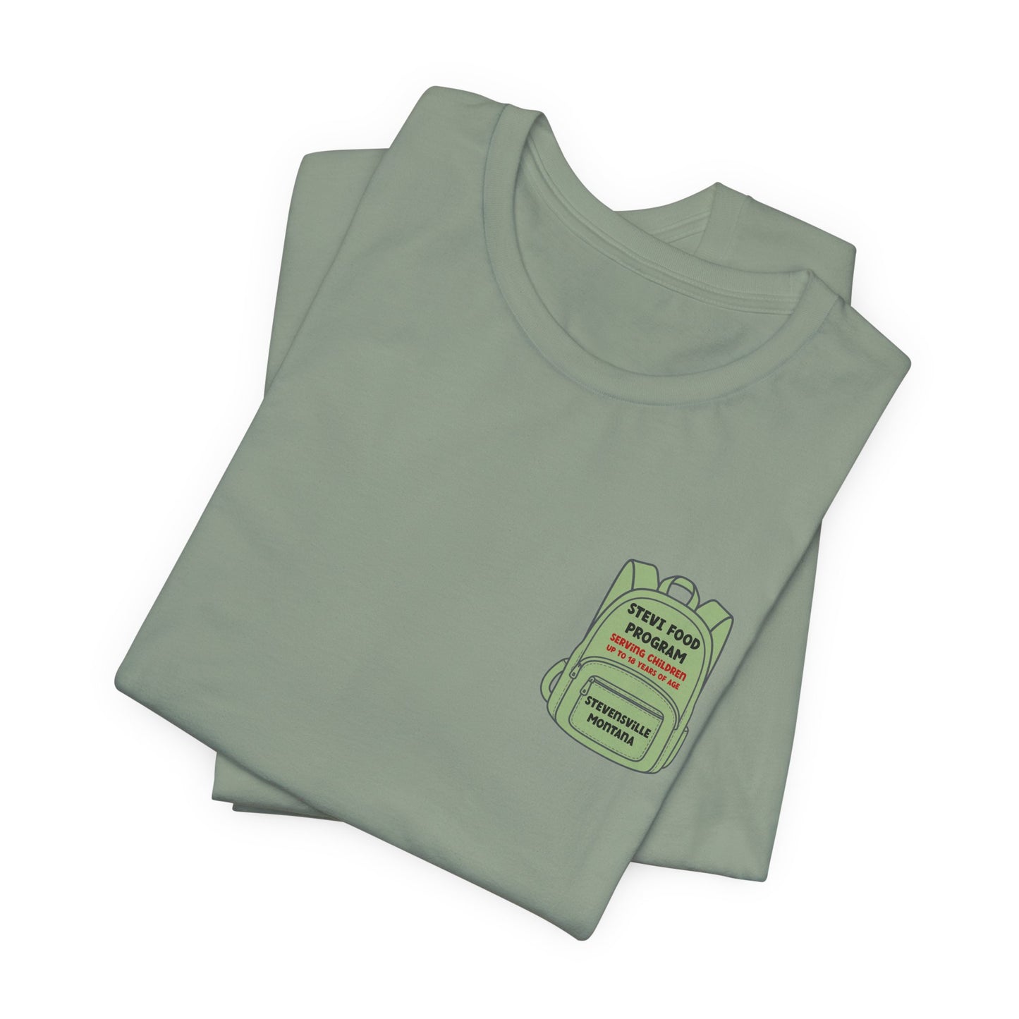 Stevi Food Program, backpack filled with love and food, image on the back, Unisex Jersey Short Sleeve Tee