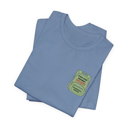 Stevi Food Program, backpack filled with love and food, image on the back, Unisex Jersey Short Sleeve Tee