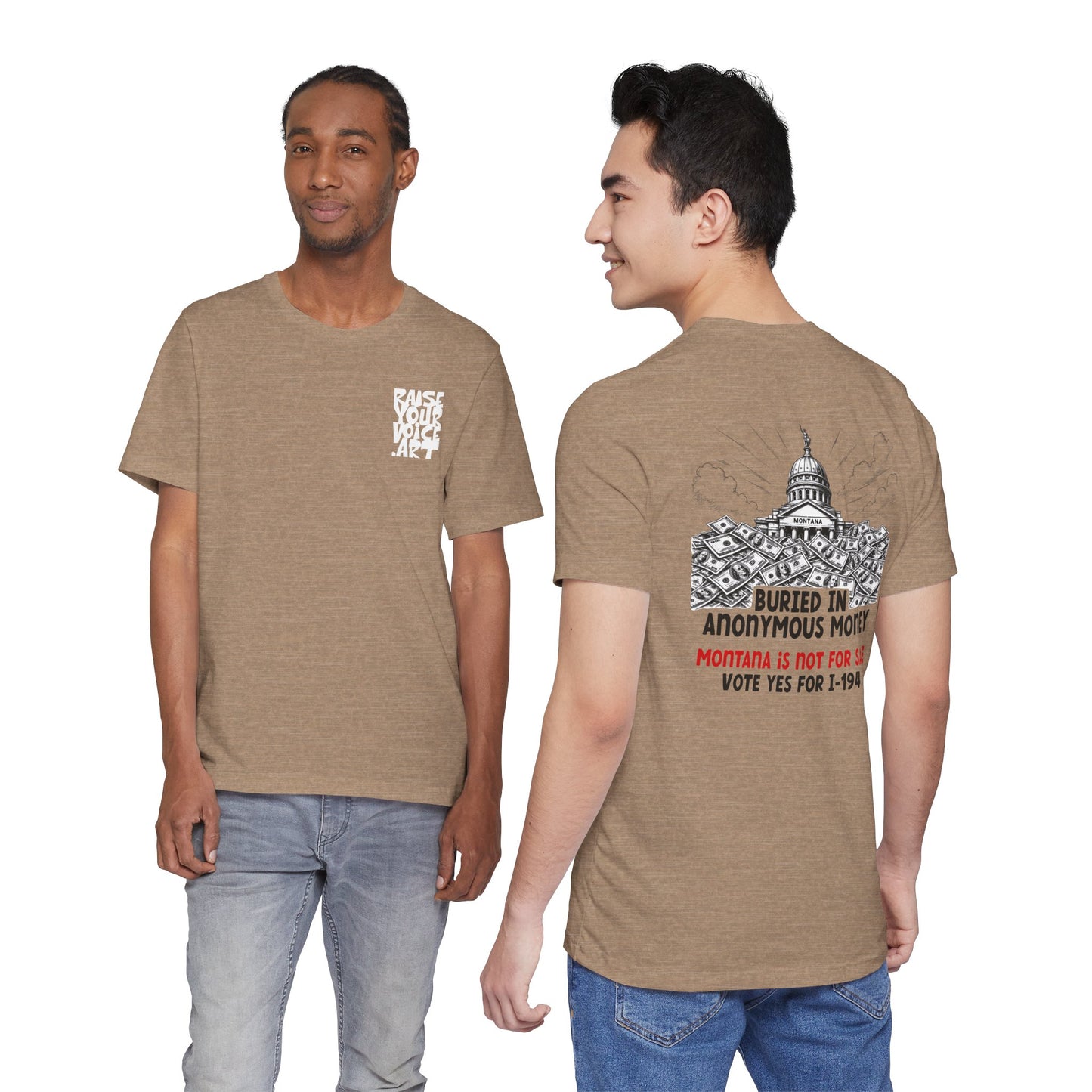 The Montana Plan, Buried in Anonymous Money, image on the back, Unisex Jersey Short Sleeve Tee