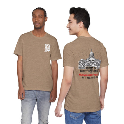 The Montana Plan, Buried in Anonymous Money, image on the back, Unisex Jersey Short Sleeve Tee