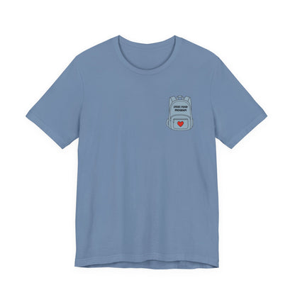 Stevi Food Program, backpack filled with love and food, image on the back, Unisex Jersey Short Sleeve Tee