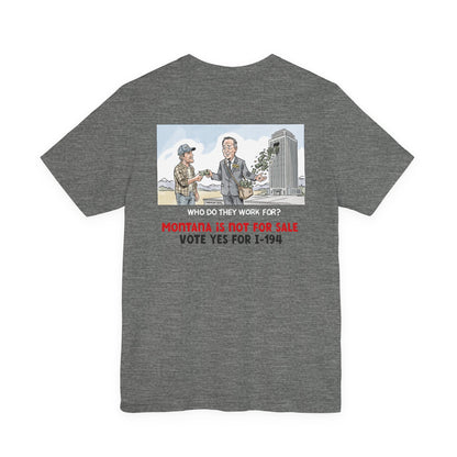 The Montana Plan, Real People, Who Do They Work For? image on the back, Unisex Jersey Short Sleeve Tee