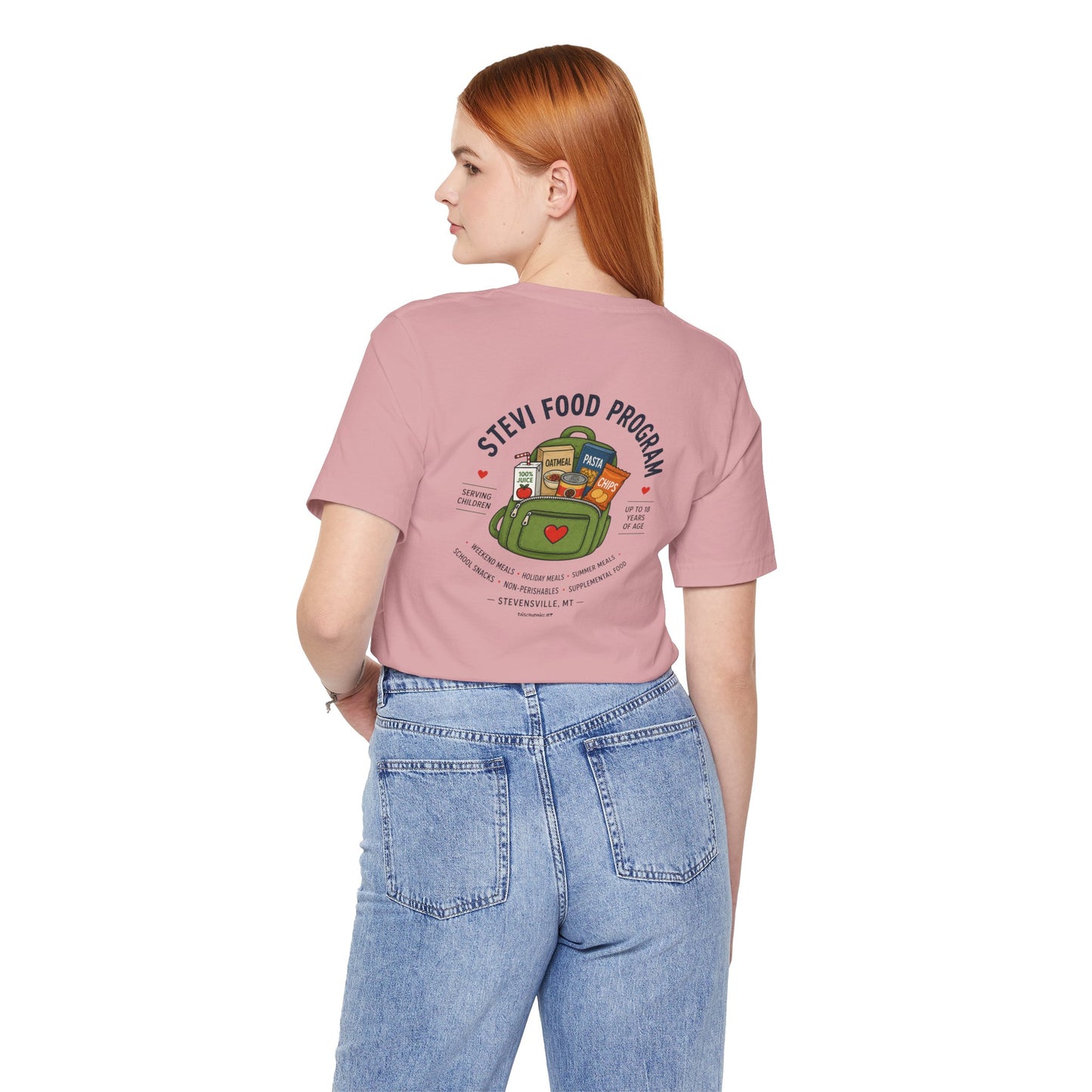 Stevi Food Program, backpack filled with love and food, image on the back, Unisex Jersey Short Sleeve Tee