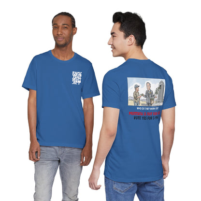 The Montana Plan, Real People, Who Do They Work For? image on the back, Unisex Jersey Short Sleeve Tee